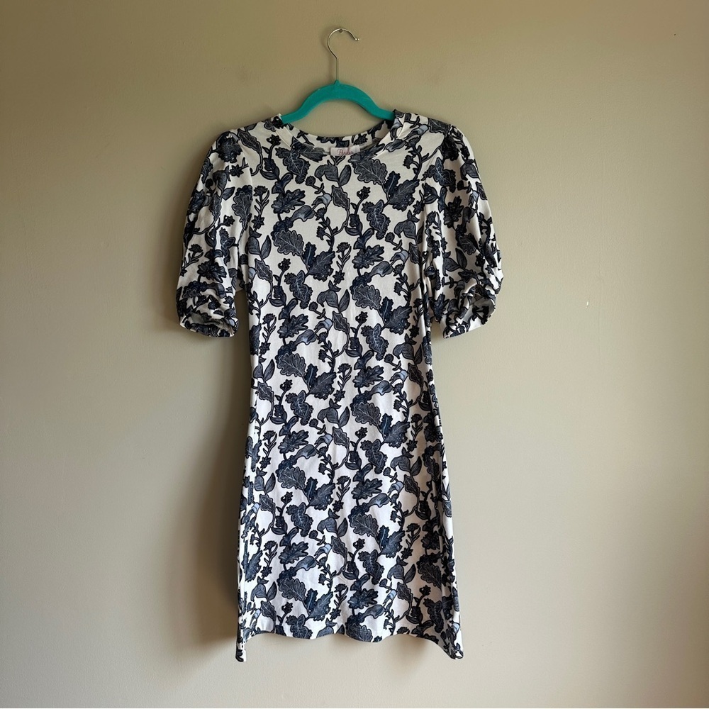 Parker Blue and White Floral Jersey Stretch Fitted Dress Small